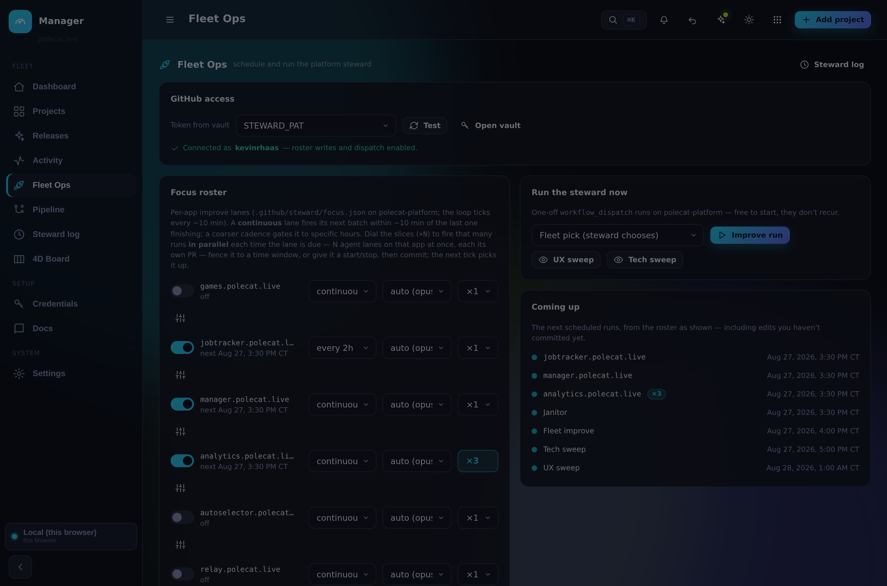 Fleet Ops: the schedule roster, dispatch panel, and Coming-up timeline