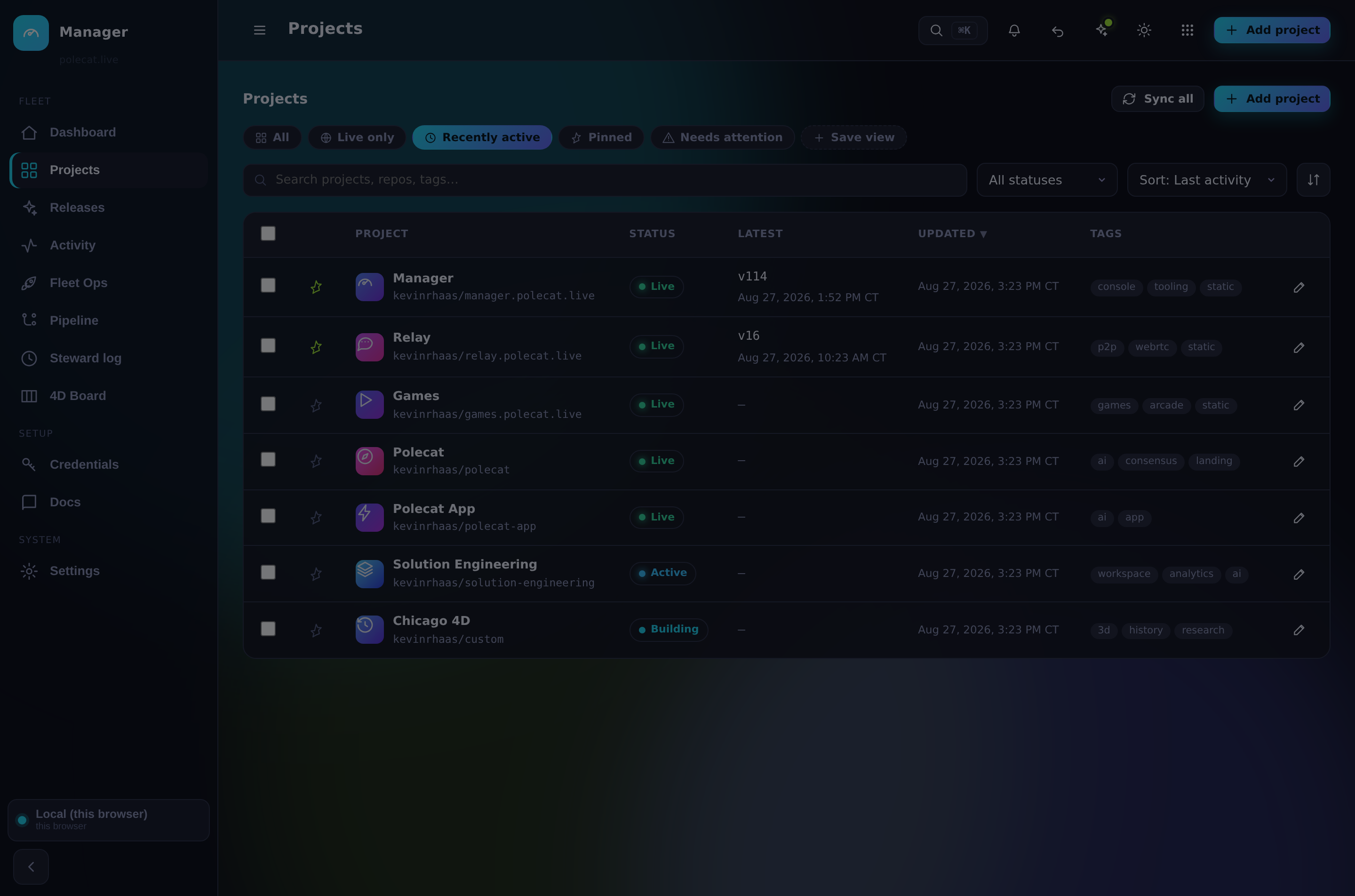 The project library with filters, saved views, and metadata