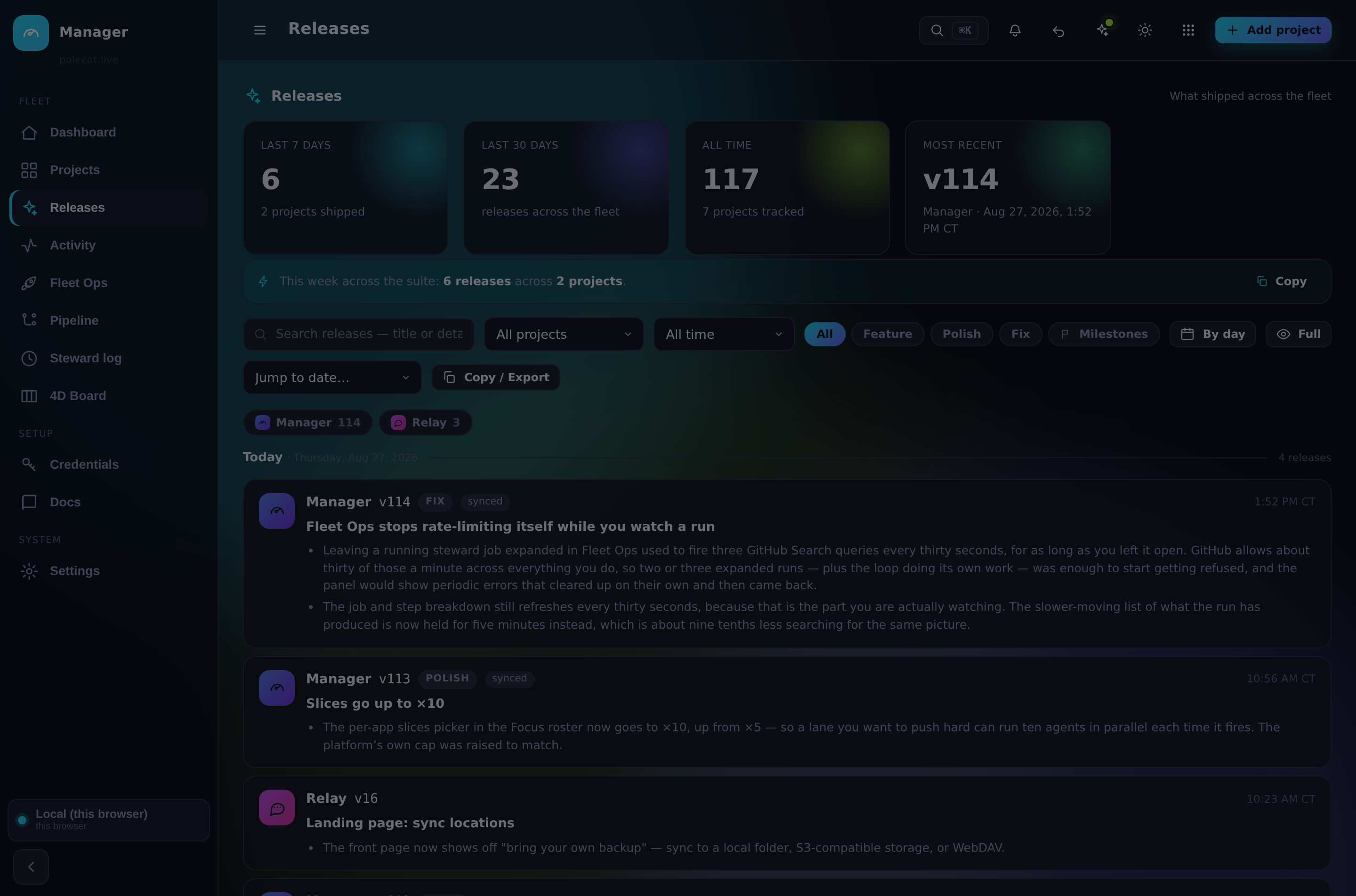 The fleet-wide releases feed with per-project timelines